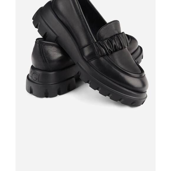 NWT AGL CELESTE Black Leather Moccasin Loafer with Rouche...